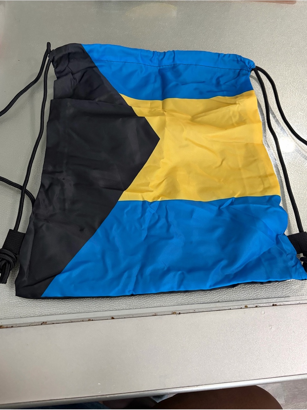 The Bahamian Flag backpack. Black, Blue & Yellow Drawstring Gym Bag.